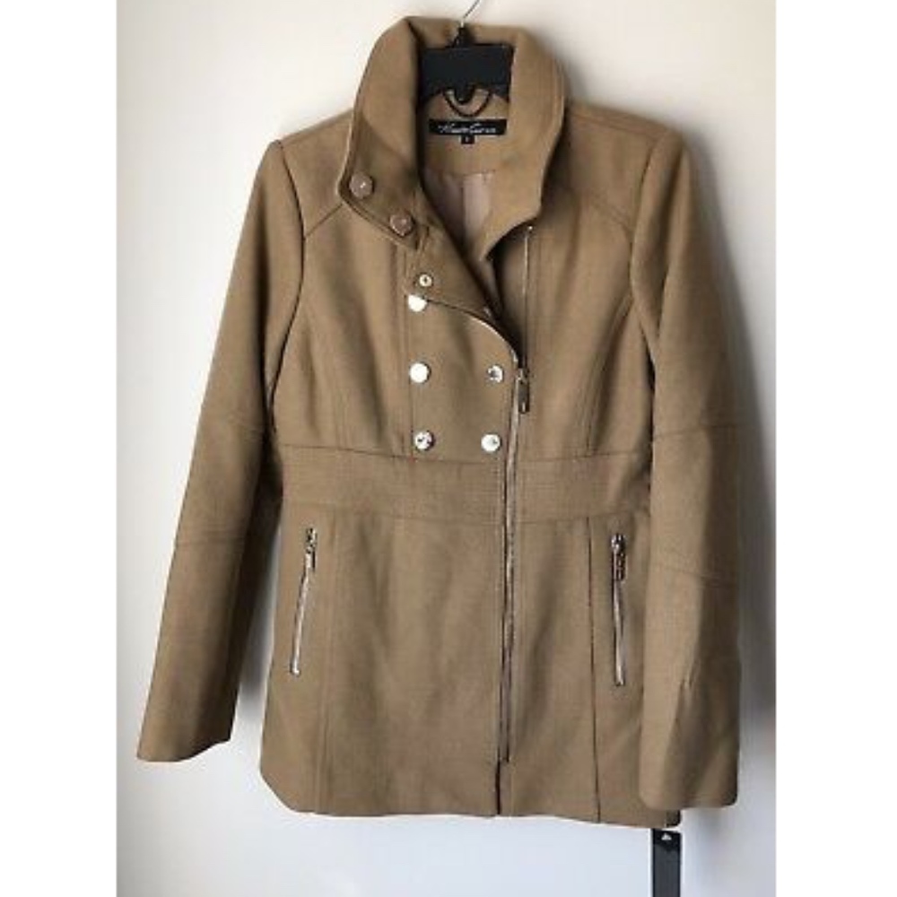 NWT Kenneth Cole Wool Blend Zip Up Beige Pea Coat